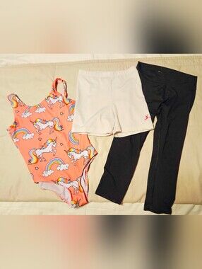 Girls 8 Gymnastics Set | Unicorn Rainbow Leotard + White Shorts + Black Capri